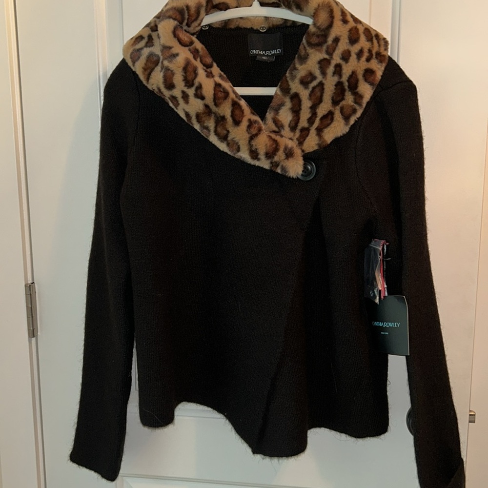 Cynthia Rowley Blackwood and acrylic blend sweater with faux fur collar